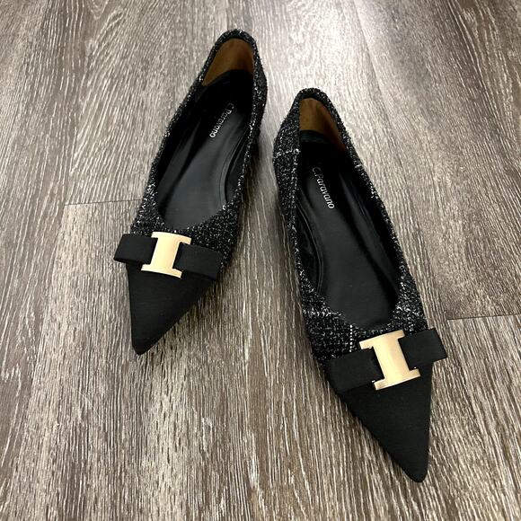 C. Paravano Aida Tweed Pointed Toe Flats Black Gold Metal Bow US 9 Workwear EUC - Picture 4 of 16